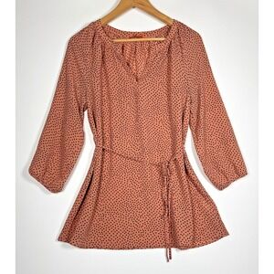 Modcloth Blouse Womens Medium Terracotta Pink Polka Dot Tie Waist Flowy Boho‎